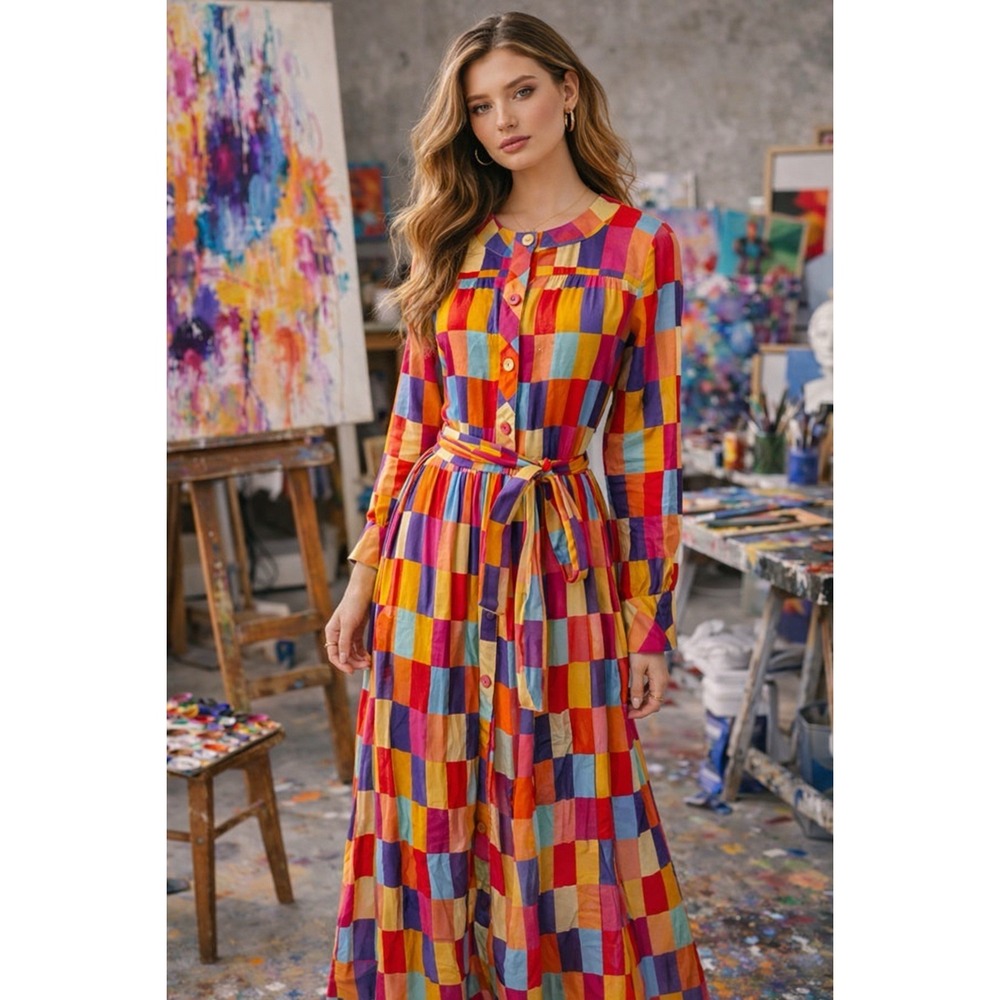 Maxi Dress M Colorblock Rainbow Belted Boho 80s Artsy Mod‎ Festival - Picture 14 of 14